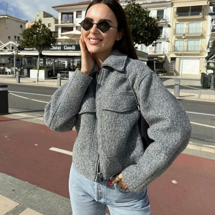 Women's Wool Blend Coat Zip Up Copped Lapel Jacket Outerwear with Pockets