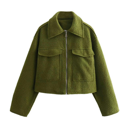 Women's Wool Blend Coat Zip Up Copped Lapel Jacket Outerwear with Pockets