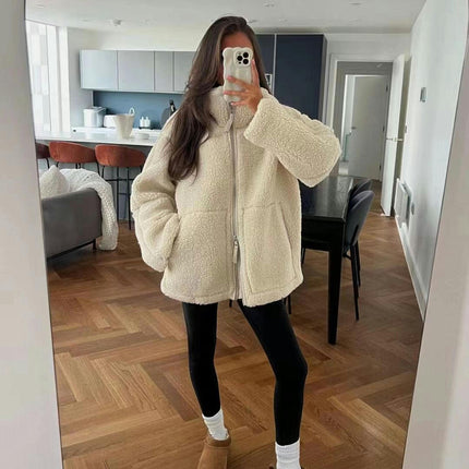 Womens Fleece Jacket Zip Up Sherpa Fuzzy Casual Coats Winter Outerwear with Pockets