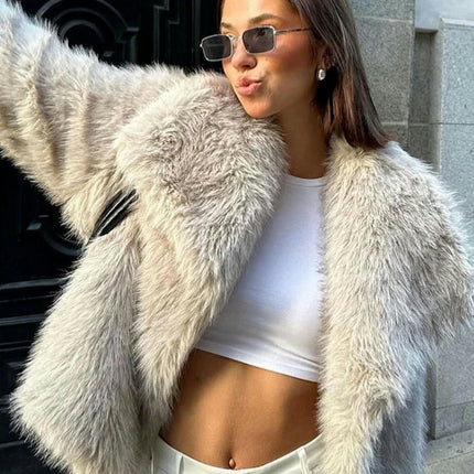 Womens Faux Fur Coat Winter Shaggy Casual Lapel Cropped Jackets Warm Fuzzy Outerwear