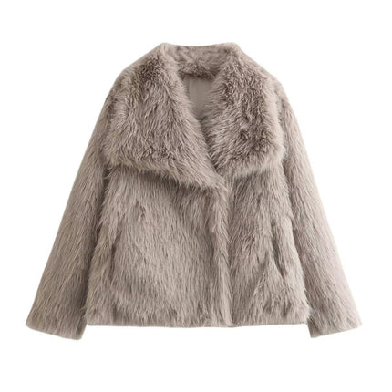 Womens Faux Fur Lapel Collar Jacket Open Front Long Sleeve Winter Fuzzy Coat