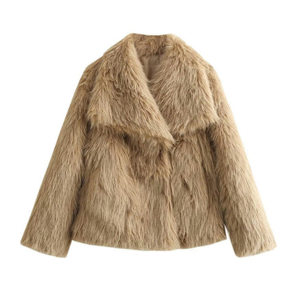 Womens Faux Fur Lapel Collar Jacket Open Front Long Sleeve Winter Fuzzy Coat