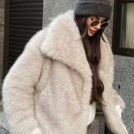 Womens Faux Fur Lapel Collar Jacket Open Front Long Sleeve Winter Fuzzy Coat