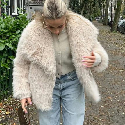 Womens Faux Fur Lapel Collar Jacket Open Front Long Sleeve Winter Fuzzy Coat