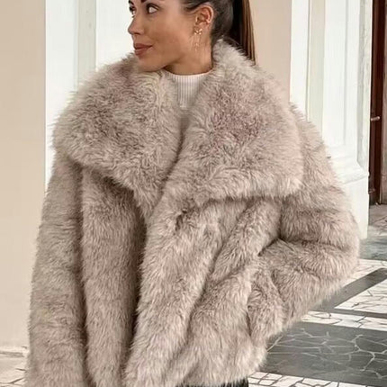 Womens Faux Fur Lapel Collar Jacket Open Front Long Sleeve Winter Fuzzy Coat