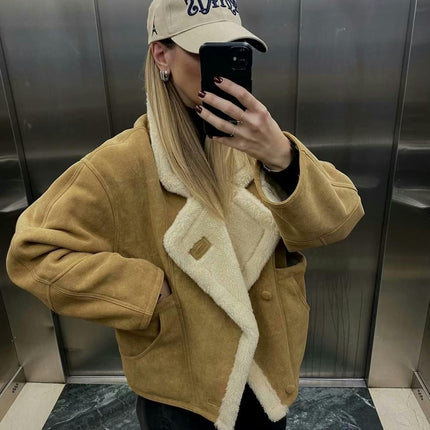 Women's Winter Lapel Collar Faux Suede Coat Long Sleeve Jacket Warm Fuzzy Lined Outwear
