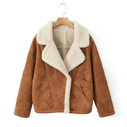 Women's Winter Lapel Collar Faux Suede Coat Long Sleeve Jacket Warm Fuzzy Lined Outwear