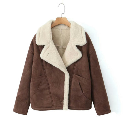 Women's Winter Lapel Collar Faux Suede Coat Long Sleeve Jacket Warm Fuzzy Lined Outwear
