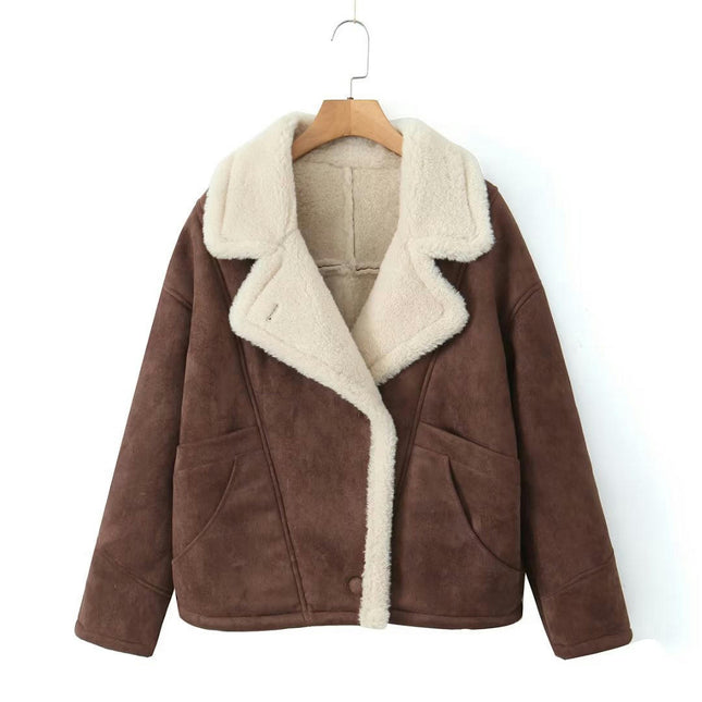 Women's Winter Lapel Collar Faux Suede Coat Long Sleeve Jacket Warm Fuzzy Lined Outwear