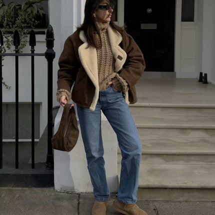 Women's Winter Lapel Collar Faux Suede Coat Long Sleeve Jacket Warm Fuzzy Lined Outwear