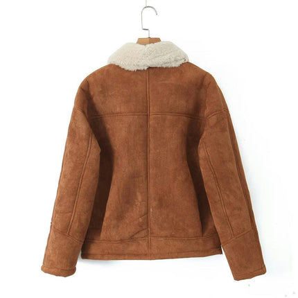 Women's Winter Lapel Collar Faux Suede Coat Long Sleeve Jacket Warm Fuzzy Lined Outwear