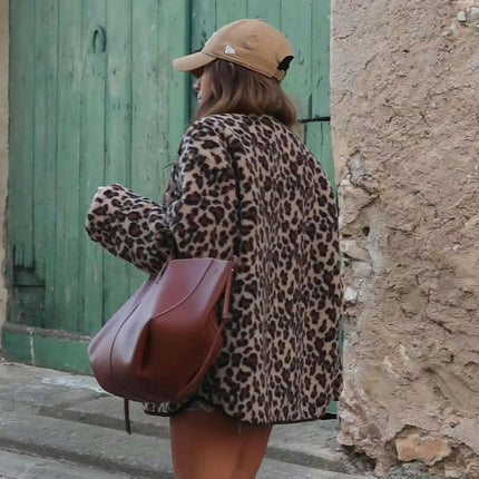 Women's Leopard Fuzzy Sherpa Fleece Jacket Long Sleeve Button Down Coat Outerwear with Pocket
