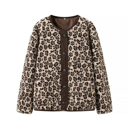 Women's Leopard Fuzzy Sherpa Fleece Jacket Long Sleeve Button Down Coat Outerwear with Pocket