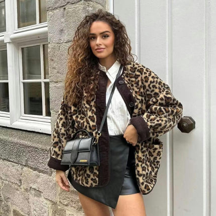 Women's Leopard Fuzzy Sherpa Fleece Jacket Long Sleeve Button Down Coat Outerwear with Pocket