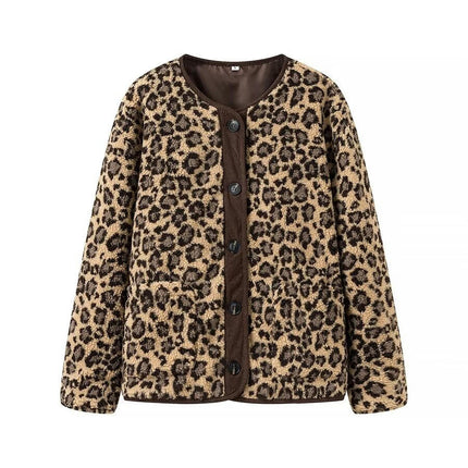 Women's Leopard Fuzzy Sherpa Fleece Jacket Long Sleeve Button Down Coat Outerwear with Pocket