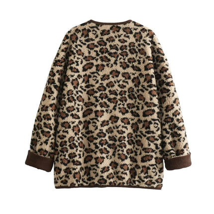 Women's Leopard Fuzzy Sherpa Fleece Jacket Long Sleeve Button Down Coat Outerwear with Pocket
