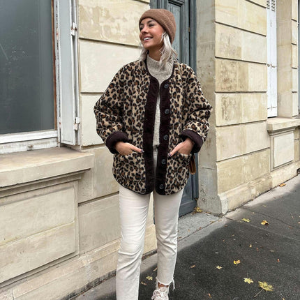 Women's Leopard Fuzzy Sherpa Fleece Jacket Long Sleeve Button Down Coat Outerwear with Pocket