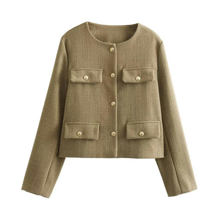 Women's Tweed Jackets Long Sleeve Button Down Casual Business Cropped Blazer