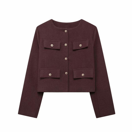Women's Tweed Jackets Long Sleeve Button Down Casual Business Cropped Blazer