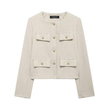 Women's Tweed Jackets Long Sleeve Button Down Casual Business Cropped Blazer