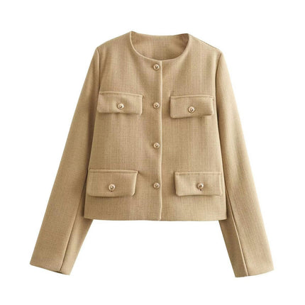 Women's Tweed Jackets Long Sleeve Button Down Casual Business Cropped Blazer