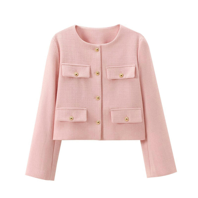 Women's Tweed Jackets Long Sleeve Button Down Casual Business Cropped Blazer