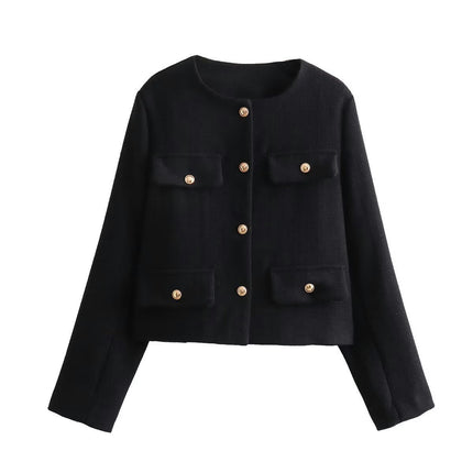 Women's Tweed Jackets Long Sleeve Button Down Casual Business Cropped Blazer