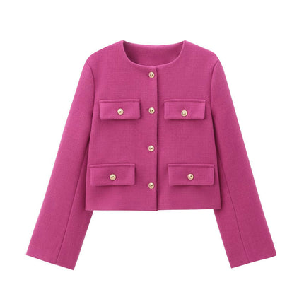 Women's Tweed Jackets Long Sleeve Button Down Casual Business Cropped Blazer
