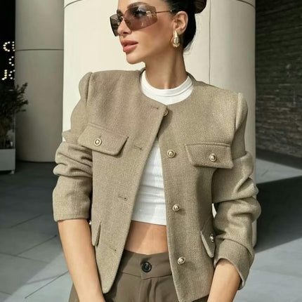 Women's Tweed Jackets Long Sleeve Button Down Casual Business Cropped Blazer