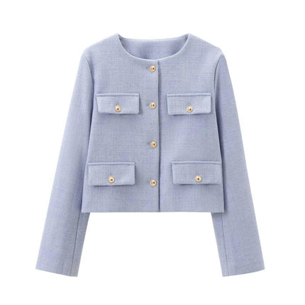 Women's Tweed Jackets Long Sleeve Button Down Casual Business Cropped Blazer