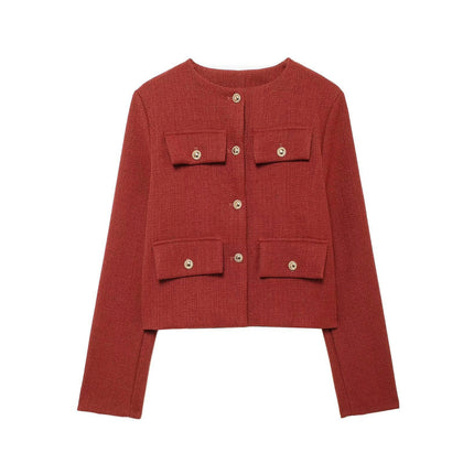 Women's Tweed Jackets Long Sleeve Button Down Casual Business Cropped Blazer