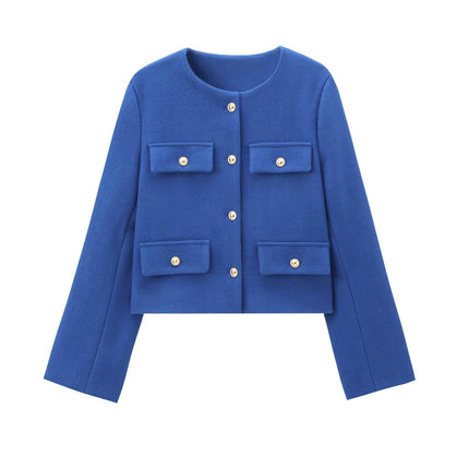 Women's Tweed Jackets Long Sleeve Button Down Casual Business Cropped Blazer