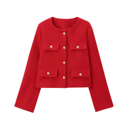 Women's Tweed Jackets Long Sleeve Button Down Casual Business Cropped Blazer