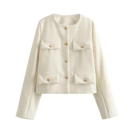 Women's Tweed Jackets Long Sleeve Button Down Casual Business Cropped Blazer