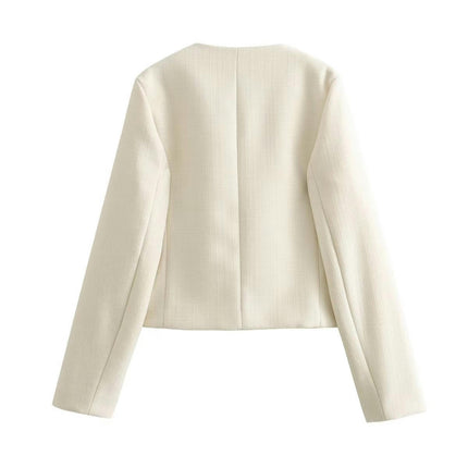Women's Tweed Jackets Long Sleeve Button Down Casual Business Cropped Blazer