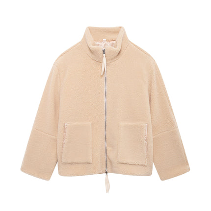 Womens Fleece Jacket Casual Long Sleeve Cropped Sherpa Zip Up Fuzzy Warm Coats Outwear