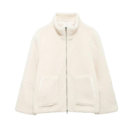 Womens Fleece Jacket Casual Long Sleeve Cropped Sherpa Zip Up Fuzzy Warm Coats Outwear