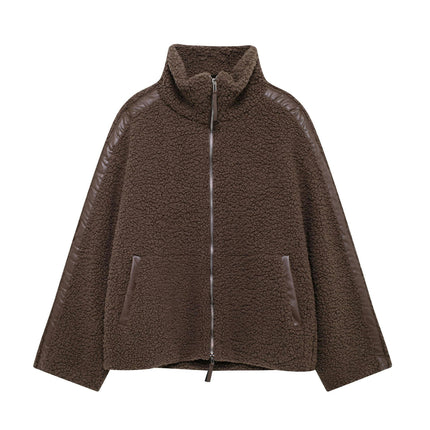 Womens Fleece Jacket Casual Long Sleeve Cropped Sherpa Zip Up Fuzzy Warm Coats Outwear