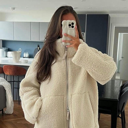 Womens Fleece Jacket Casual Long Sleeve Cropped Sherpa Zip Up Fuzzy Warm Coats Outwear