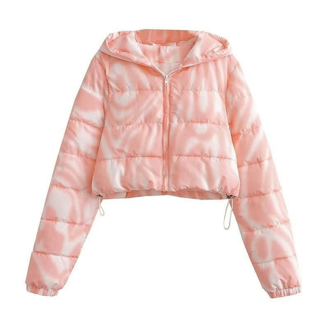 Women's Winter Puffer Jacket Zip Up Long Sleeve Cropped Coat with Hooded