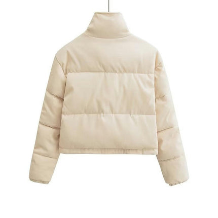 Women's Winter Cropped Puffer Jacket Long Sleeve Zip Up Short Coat with Pockets