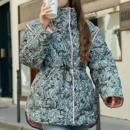 Women's Puffer Quilted Jacket Floral Printed Zip Up Padded Coat Outwear
