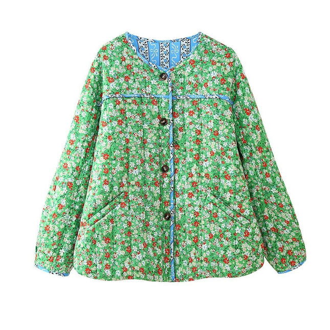 Womens Quilted Puffer Jacket Lightweight Padded Cardigan Cropped Floral Print Winter Coat