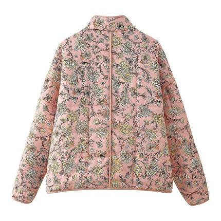 Womens Quilted Lightweight Jackets Floral Print Winter Coats Open Front Cardigan with Pockets