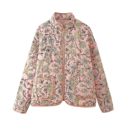 Womens Quilted Lightweight Jackets Floral Print Winter Coats Open Front Cardigan with Pockets