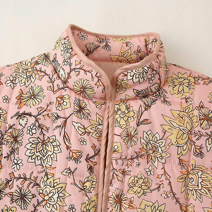 Womens Quilted Lightweight Jackets Floral Print Winter Coats Open Front Cardigan with Pockets