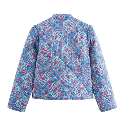 Women's Cropped Floral Quilted Jacket Lightweight Open Front Padded Puffer Coat
