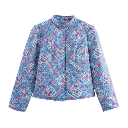 Women's Cropped Floral Quilted Jacket Lightweight Open Front Padded Puffer Coat