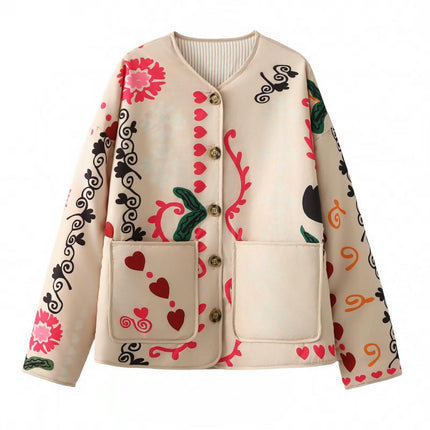 Women's Quilted Puffer Jacket Lightweight Button Down Floral Print Coat Open Front Outwear