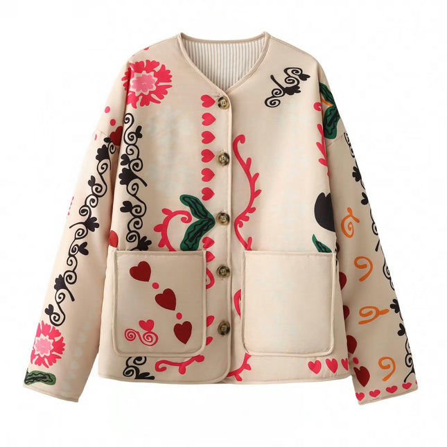 Women's Quilted Puffer Jacket Lightweight Button Down Floral Print Coat Open Front Outwear